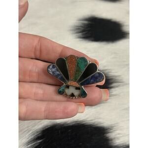 Native American Sterling 925 Multistone Onyx Lapis Goldstone Headdress Pendant